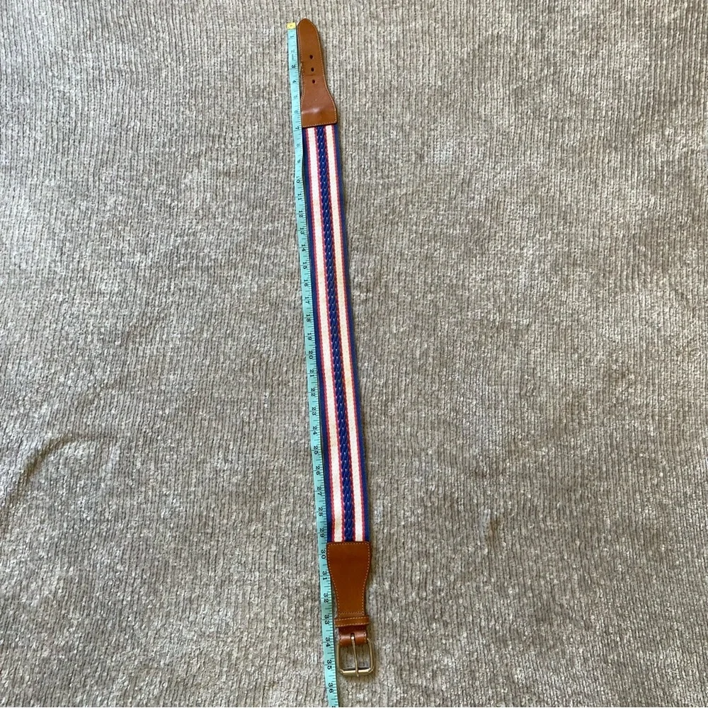 Eddie Bauer Stripe Canvas Leather Belt‎ Large Vintage Americana Red White Blue